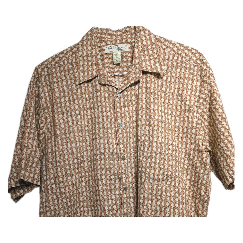 Vtg Tori Richard Shirt Men L Brown Geometric Cotton Lawn Hawaiian Aloha Camp EUC